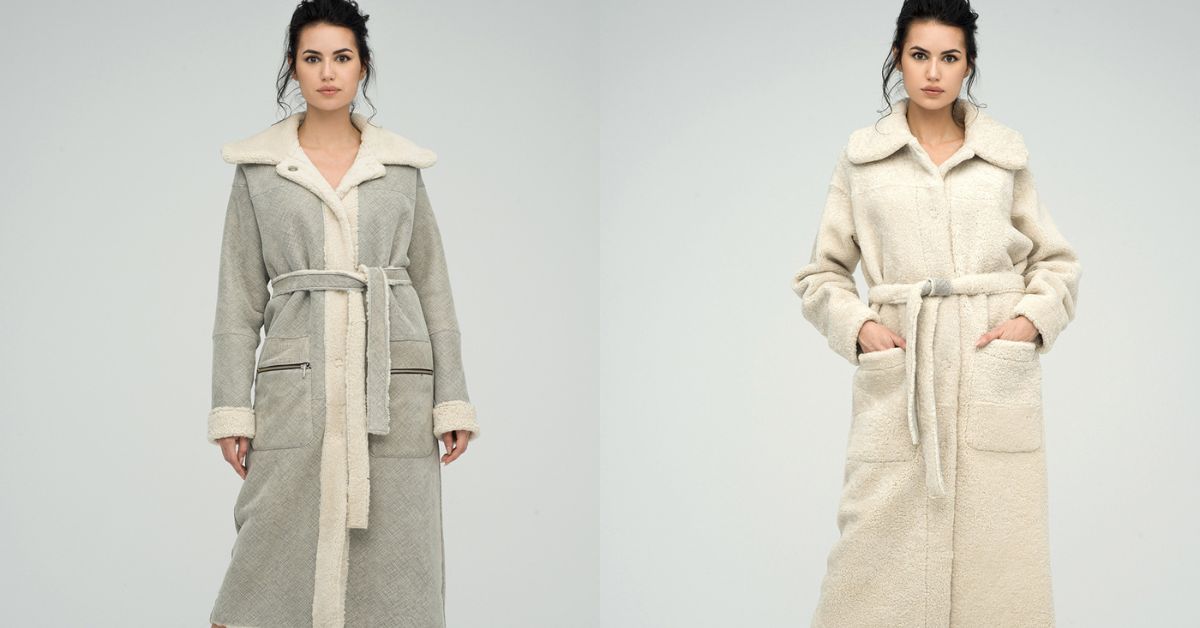 A woman wearing a luxury long shearling coat for women