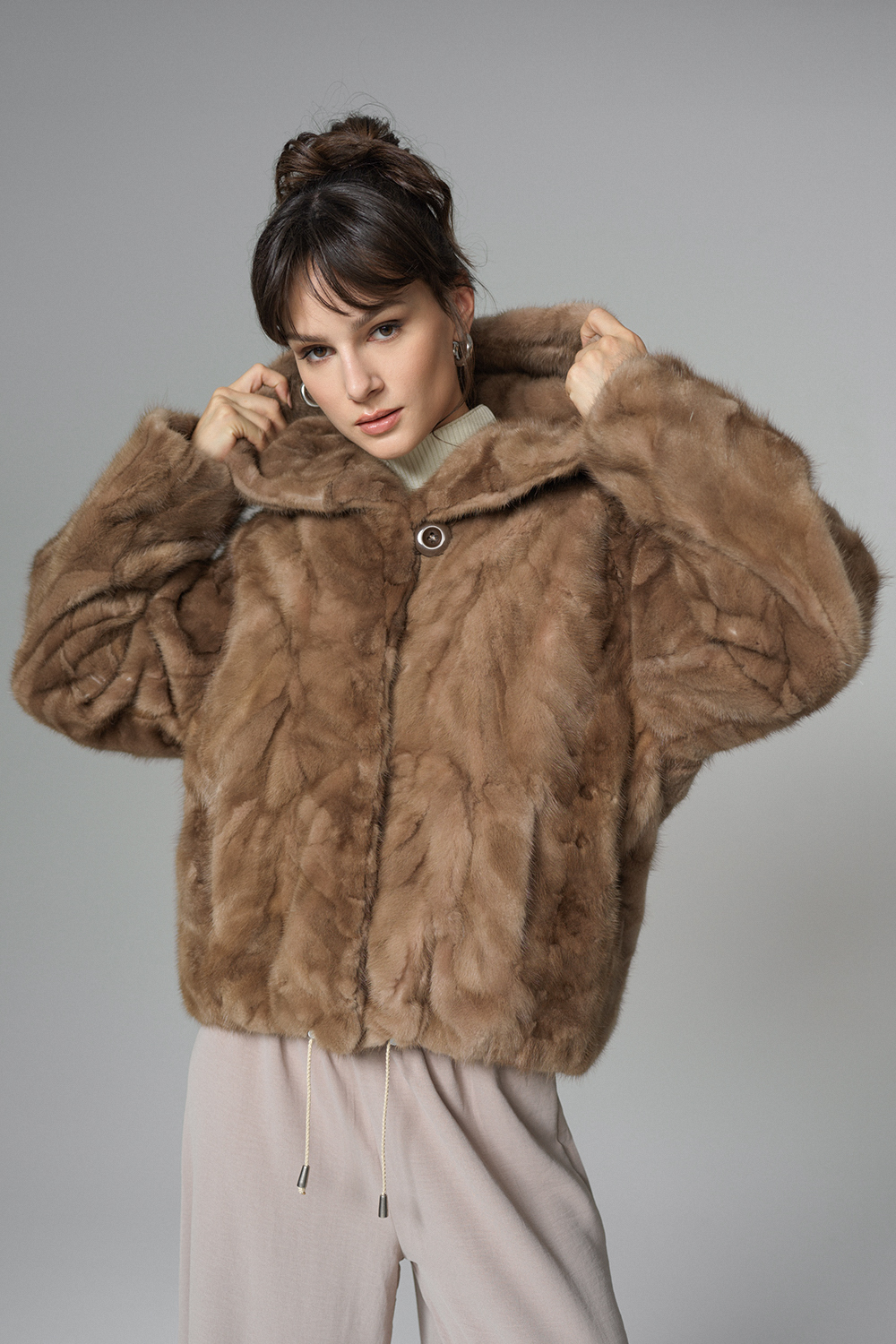 Hooded mink fur coat 2065 taupe 1