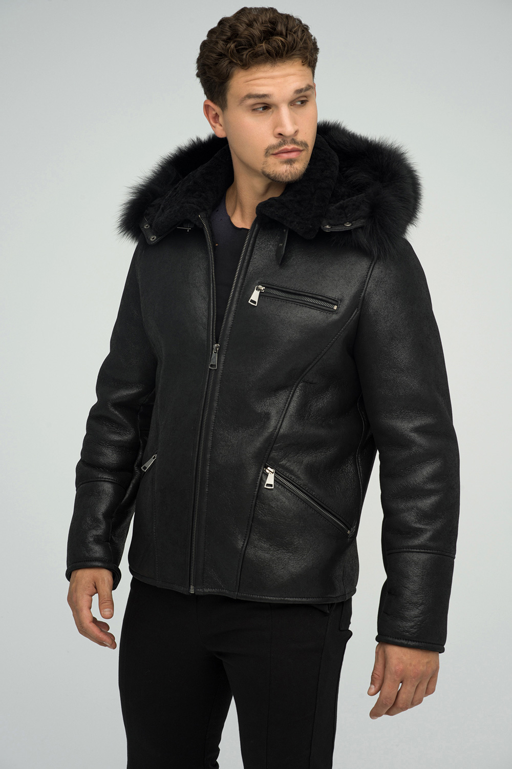 Hooded shearling and fox fur jacket 379 black 2