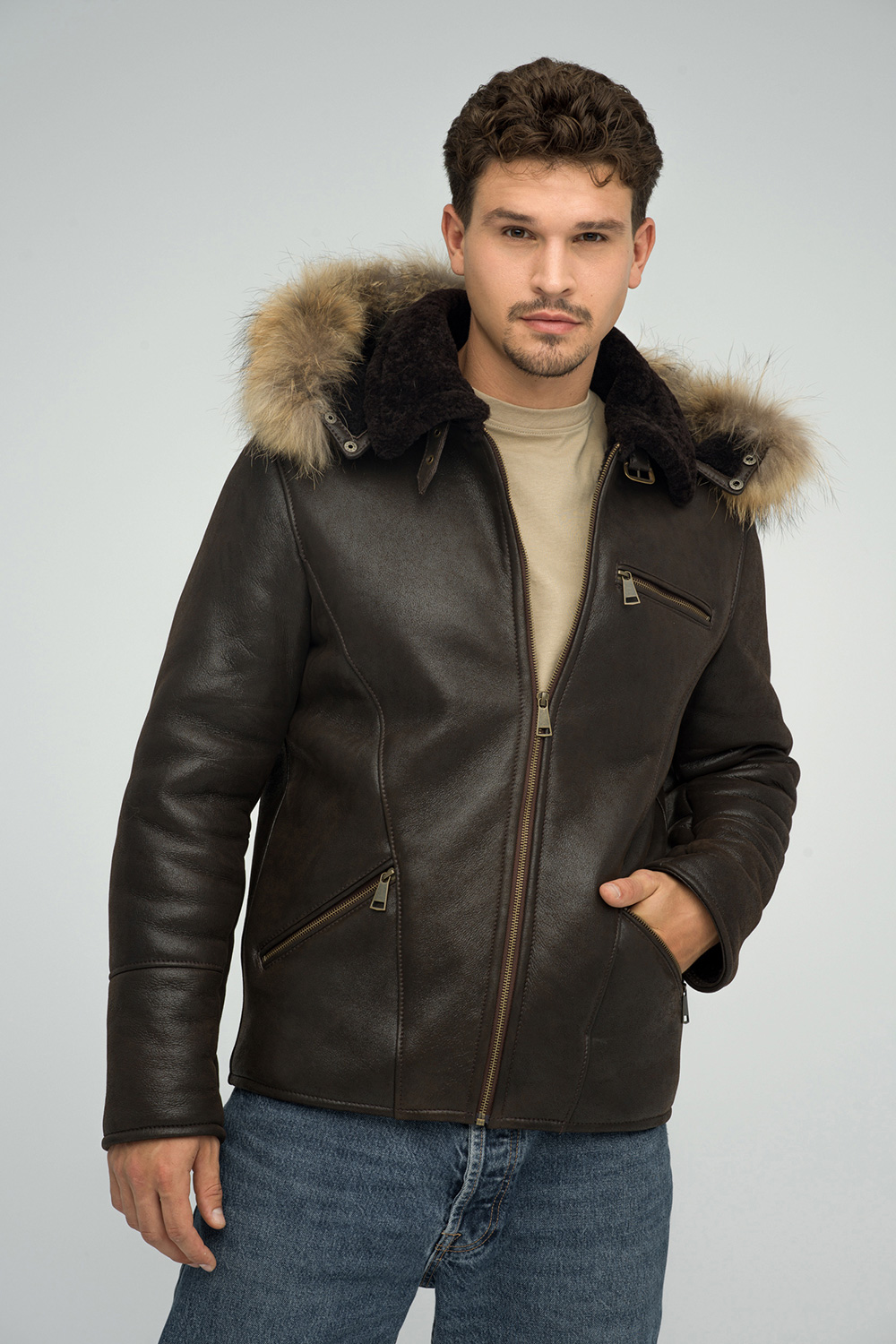 Hooded shearling and raccoon fur jacket 379 brown 1