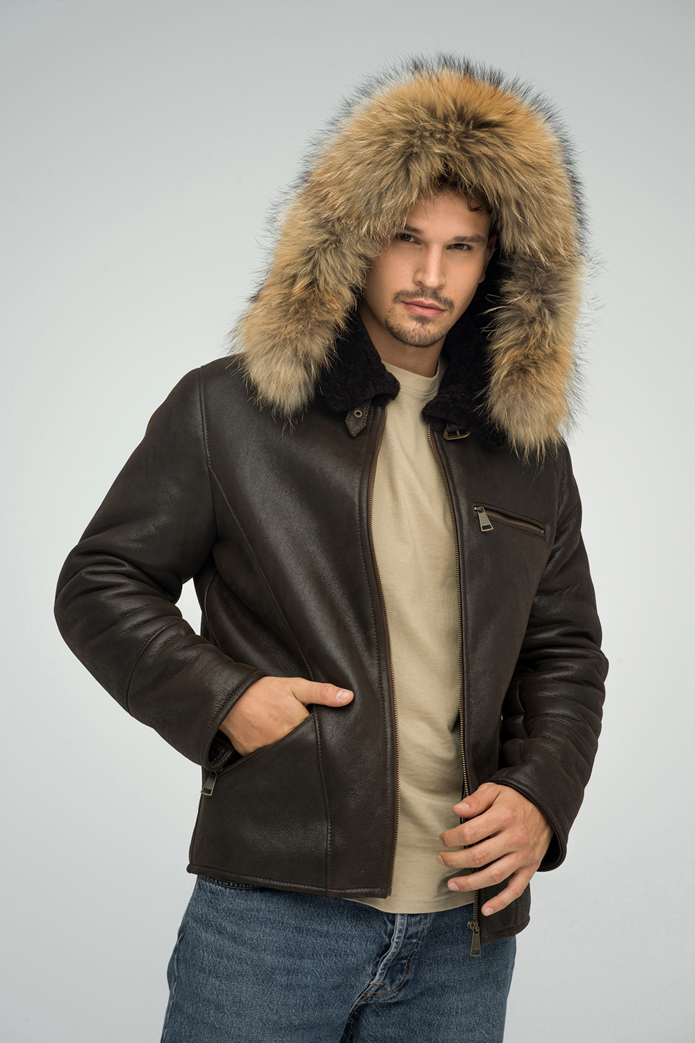 Hooded shearling and raccoon fur jacket 379 brown 3