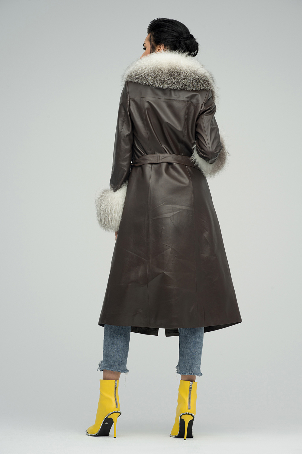 Leather and polar fox fur coat 1034 brown 2