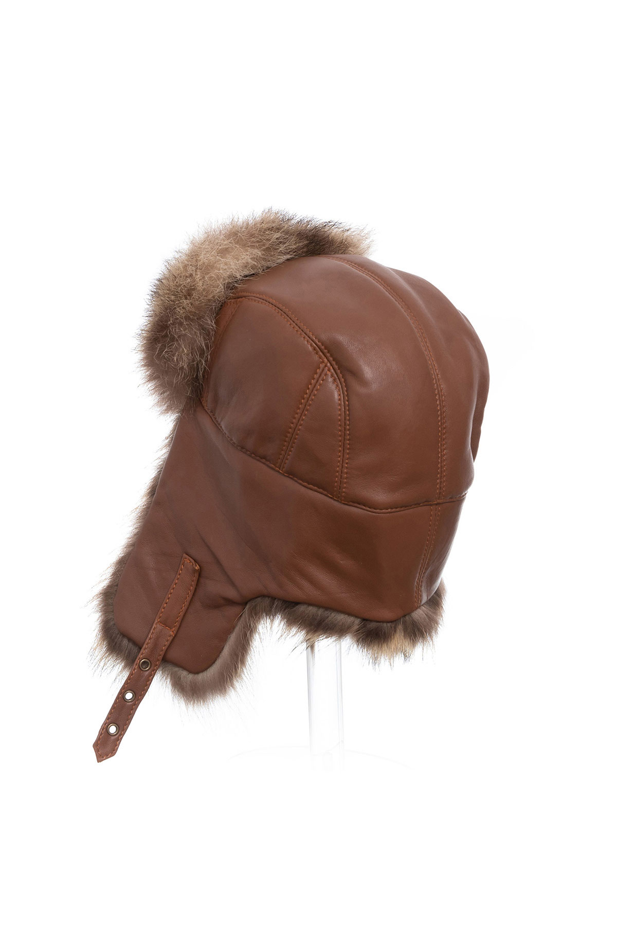 Ovine leather and raccoon fur hat 535 cognac 2
