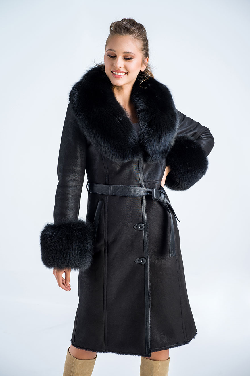 Sheepskin coat with raccoon or fox fur 2024 black 3
