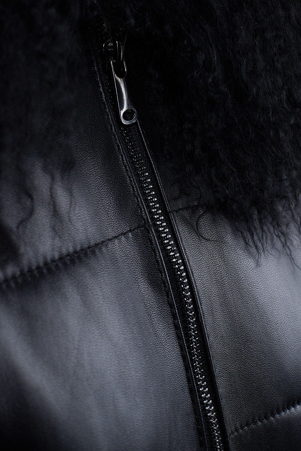 Leather Jacket with Detachable Mongolian Fur Collar 1056 black (3)