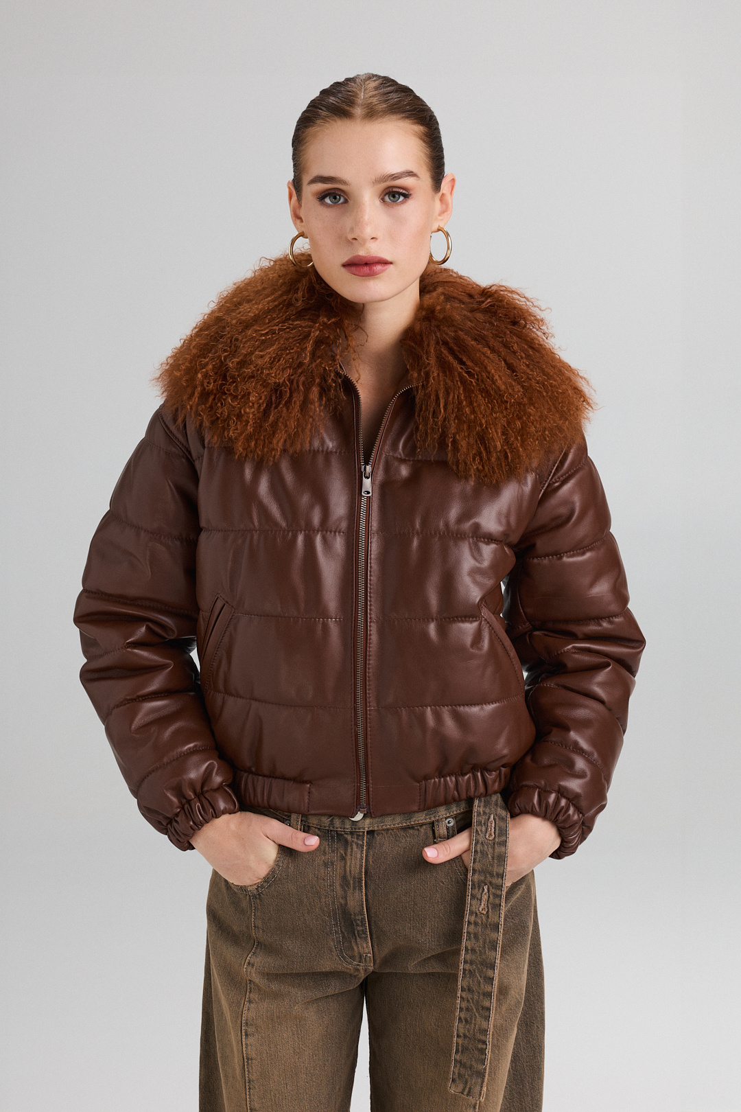 Leather Jacket with Detachable Mongolian Fur Collar 1056 cognac (4)