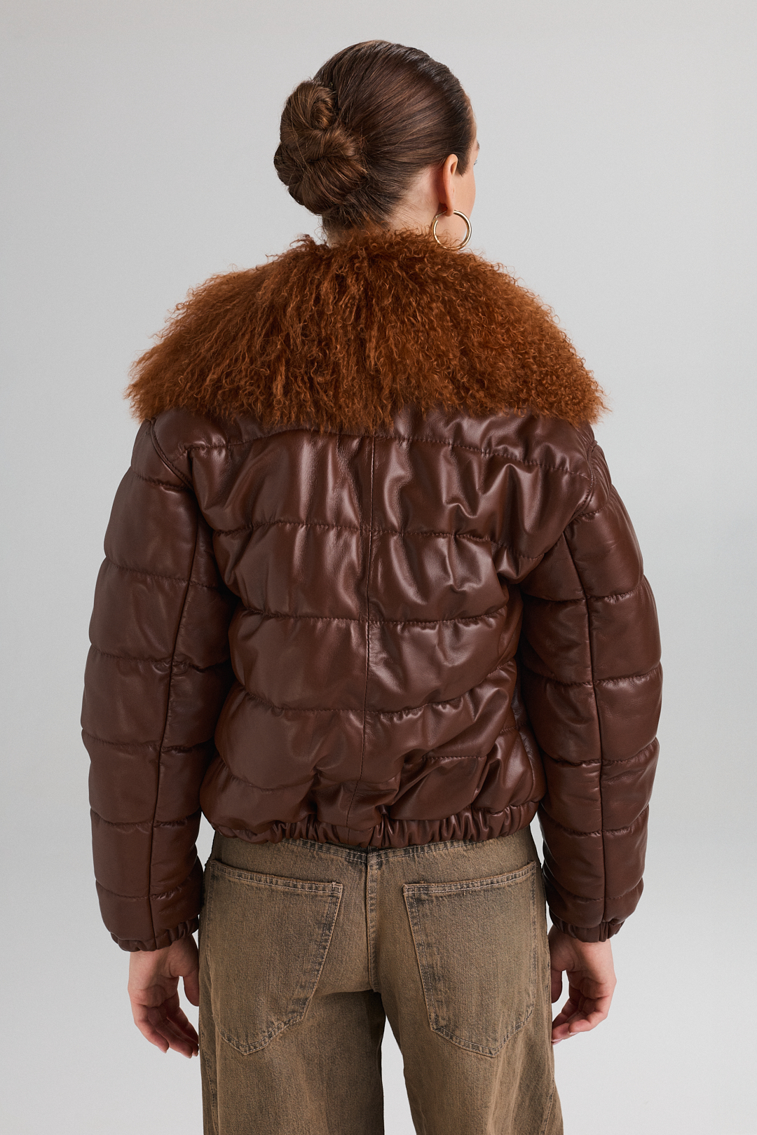 Leather Jacket with Detachable Mongolian Fur Collar 1056 cognac (5)