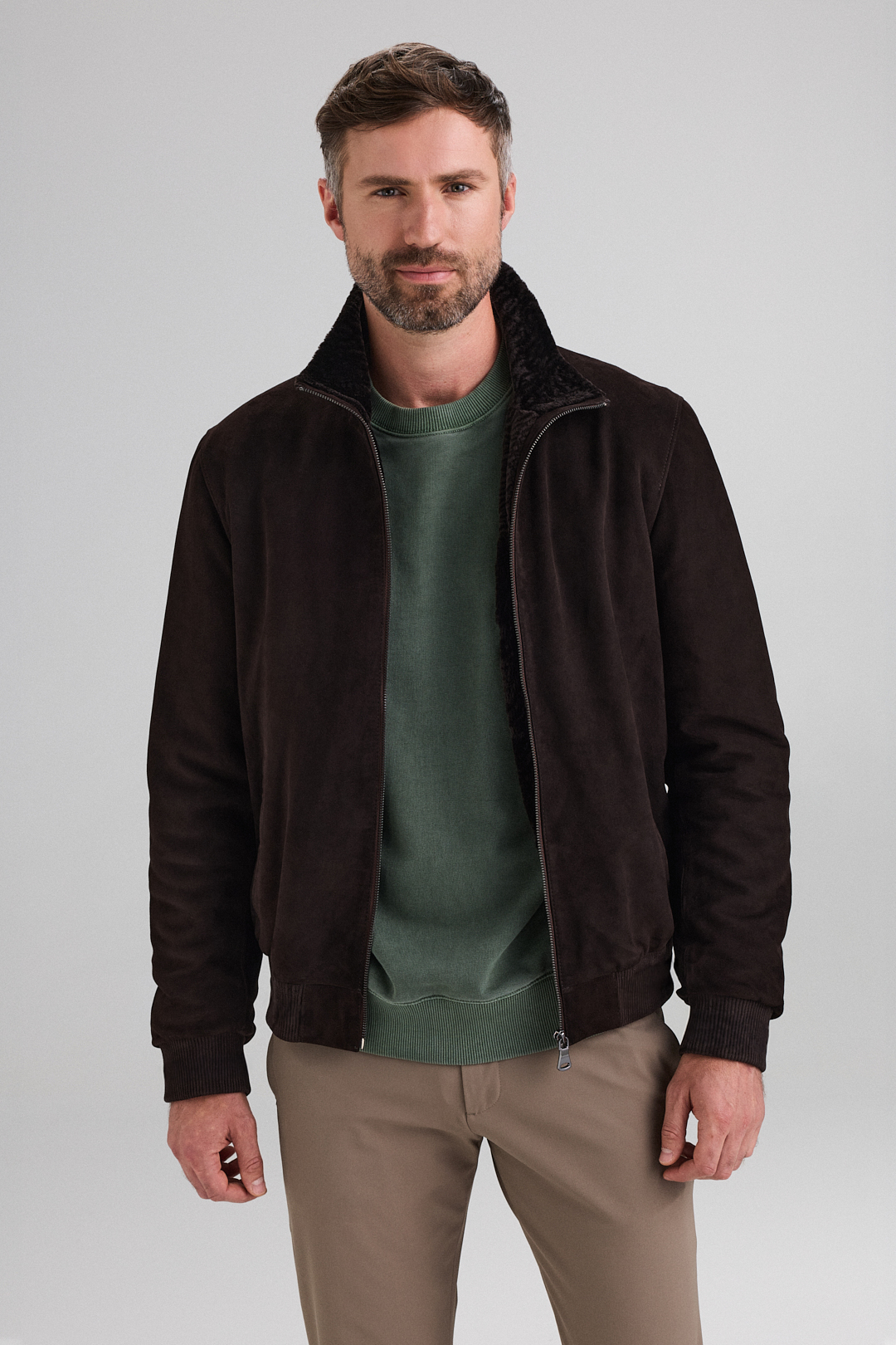 Suede Leather Jacket with Fur Lining 3406 brown, front open