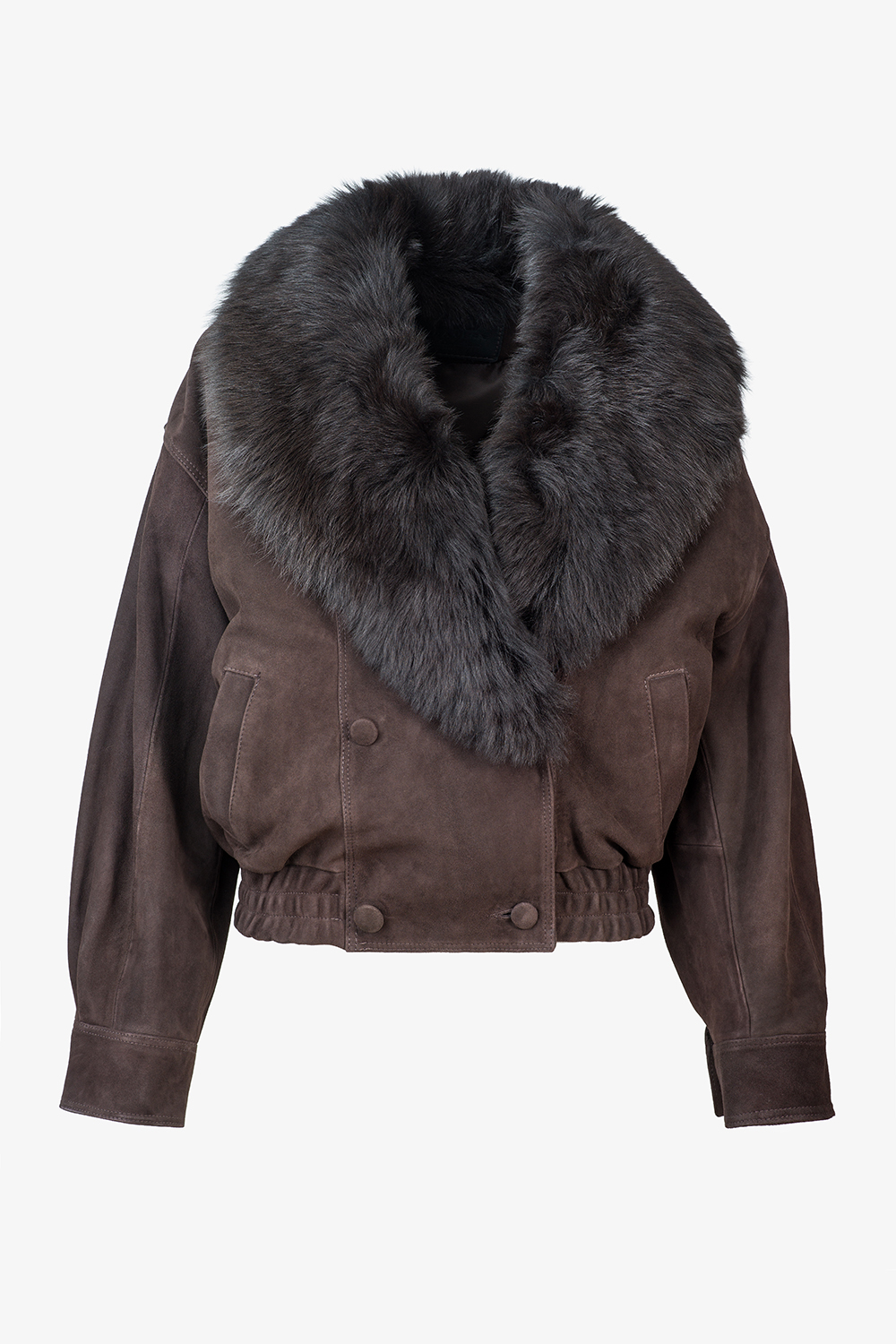 Brown Suede Leather Bomber Jacket with Detachable Shawl Collar 1069, front view