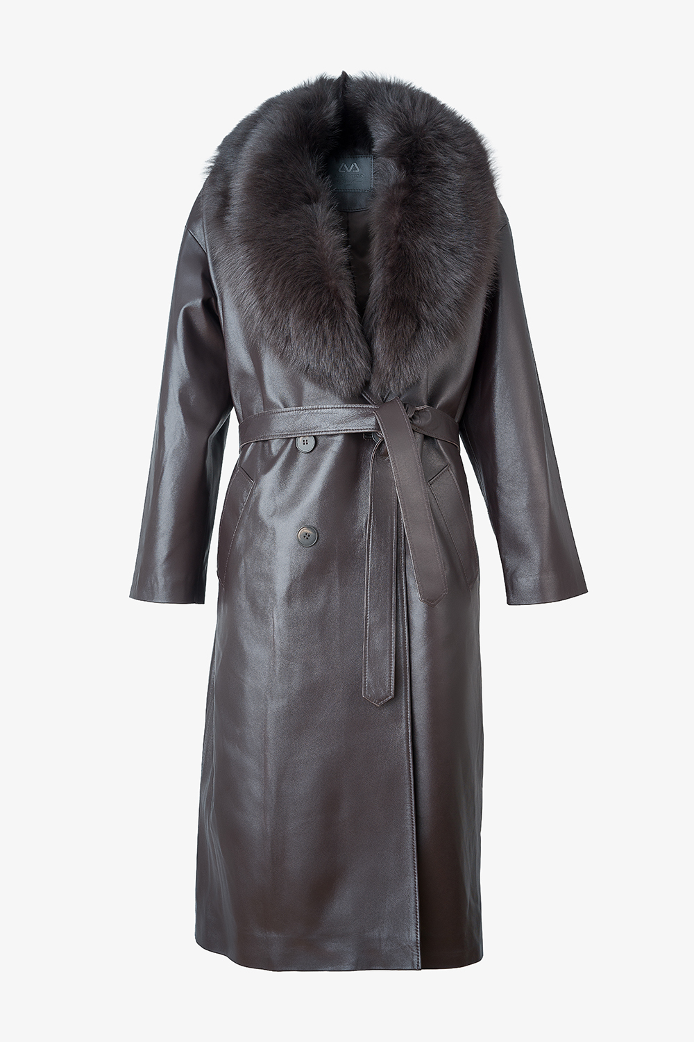 Long Leather Coat with Detachable Shearling Shawl Collar 1070 brown, front view