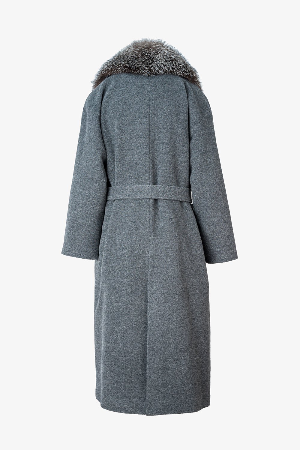 Long wool coat with detachable arctic fox fur shawl collar 2120 grey, back view