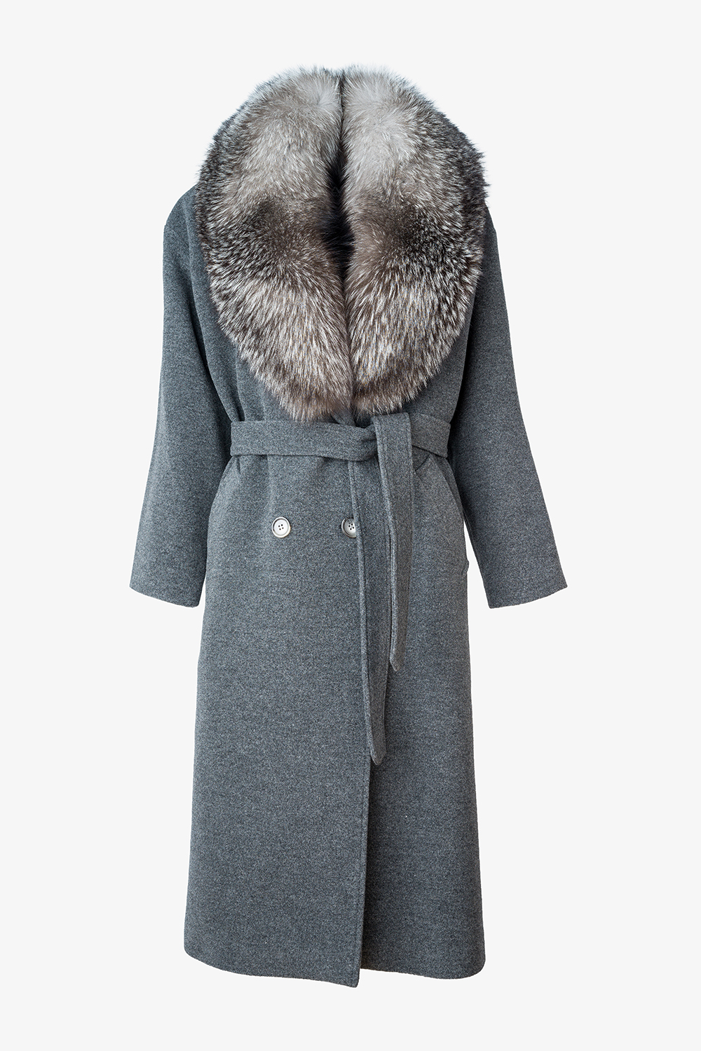 Long wool coat with detachable arctic fox fur shawl collar 2120 grey, front view